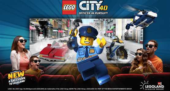 LEGOLAND Windsor Resort | LEGO City 4D Officer in Pursuit movie poster featuring LEGO police officer and vehicles with excited audience wearing 3D glasses at LEGOLAND Windsor Resort.