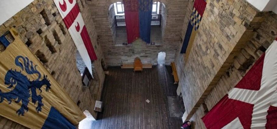 Newcastle Castle | Interior of a medieval-style castle hall with stone walls, wooden flooring, and banners displaying various heraldic symbols.