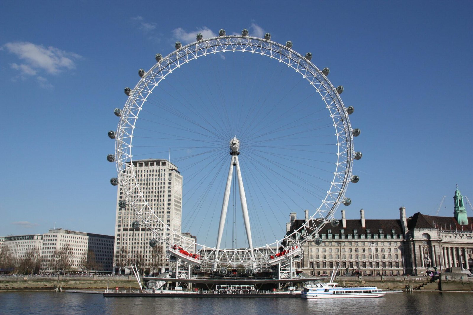 The London Eye Ferris wheel along the river with buildings in the background under a clear blue sky.