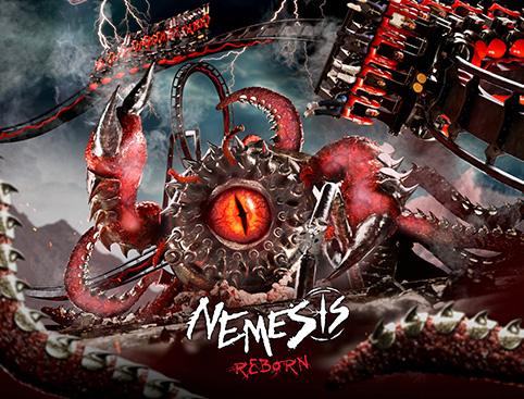 The image shows a monstrous creature with a red eye, metal claws, and tentacles, accompanied by the text "Nemesis Reborn" in stylized font.