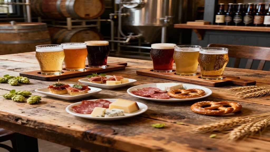 Two tasting flights of craft beer paired with gourmet dishes on a wooden table inside a cozy brewery.