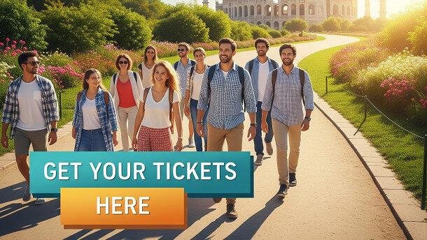 Group of young people walking on a sunlit path surrounded by greenery and flowers, with a historic colosseum-like building in the background and text overlayed saying 'GET YOUR TICKETS HERE'
