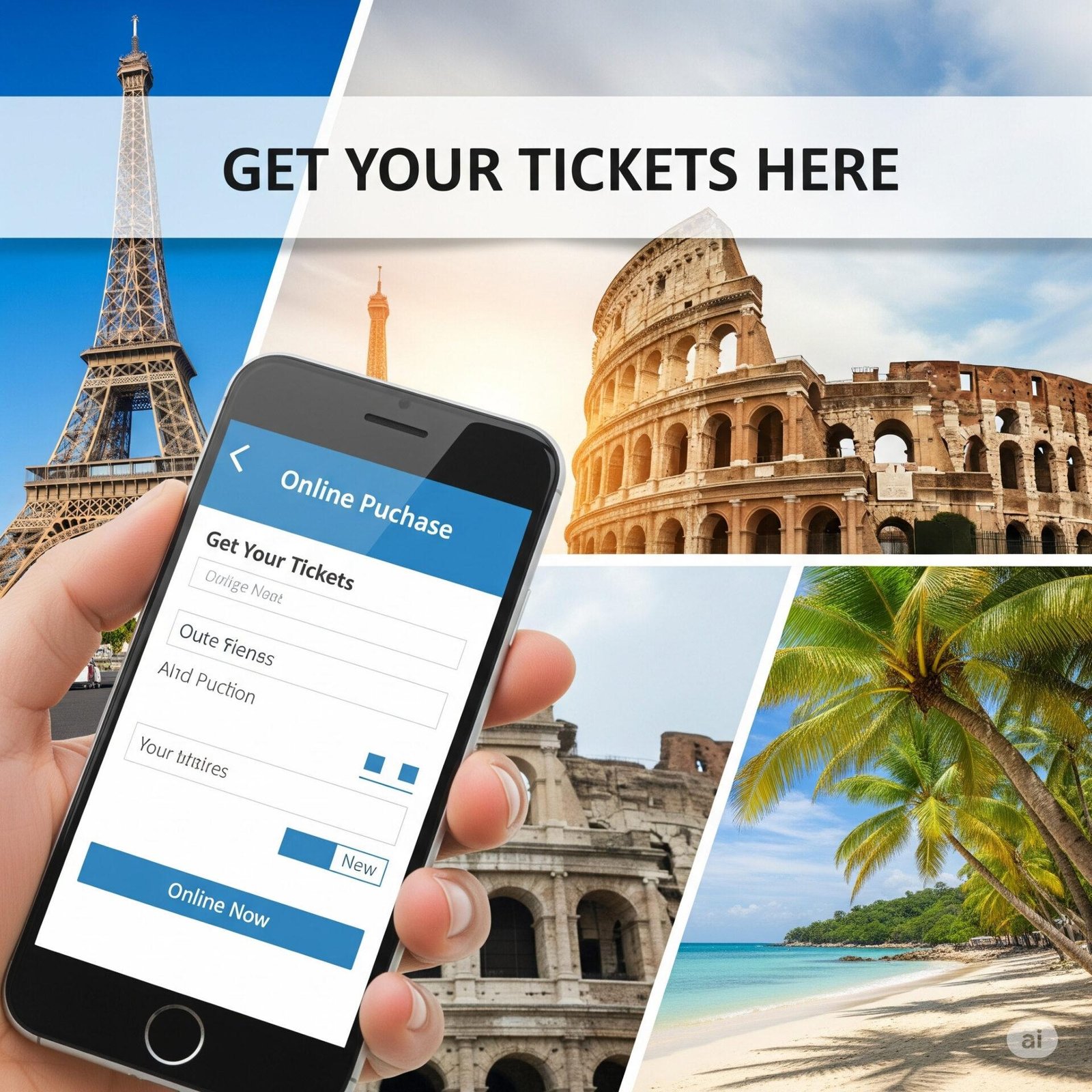 Hand holding a smartphone displaying an online ticket purchase form with the message 'GET YOUR TICKETS HERE' overlaid, featuring background images of the Eiffel Tower, the Colosseum, and a tropical beach with palm trees.