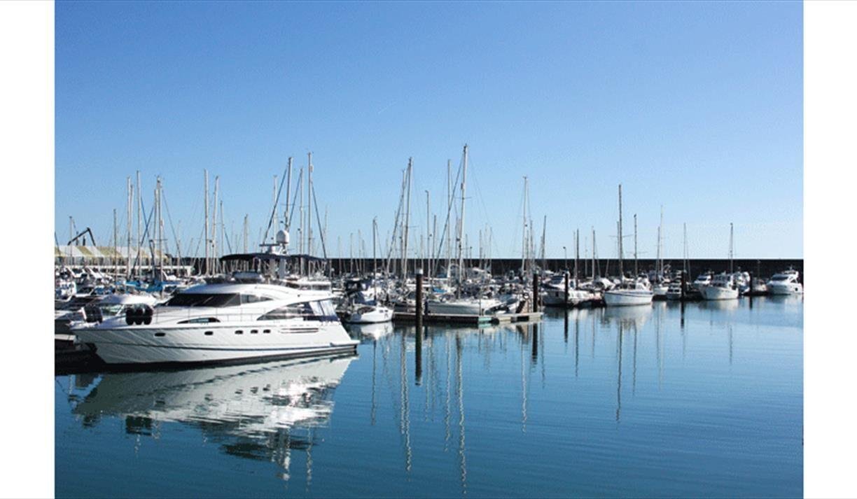 White yachts and sailboats moored at a marina with calm water reflecting the boats under a clear blue sky