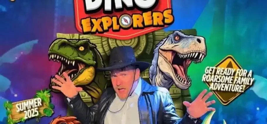 Promotional poster showing a man in an explorer hat and leather jacket flanked by two roaring cartoon dinosaurs beneath a 'Dino Explorers' banner, with signs reading 'Summer 2025' and 'Get ready for a roarsome family adventure!' on a colourful jungle-themed background.