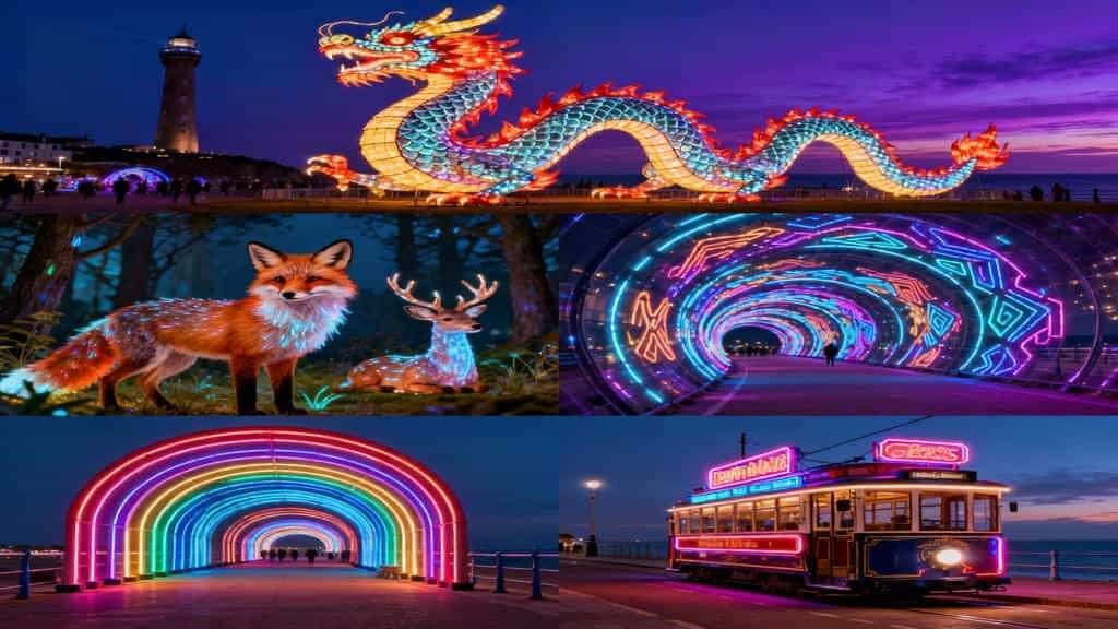 Blackpool Illuminations: A Nighttime collage showing a giant illuminated dragon lantern snaking across a waterfront promenade with a lighthouse, a glowing fox and deer light sculpture in a forest, a swirling neon-arc tunnel of geometric patterns, a rainbow-lit arched walkway, and a vintage tram outlined in neon on a pier at dusk.