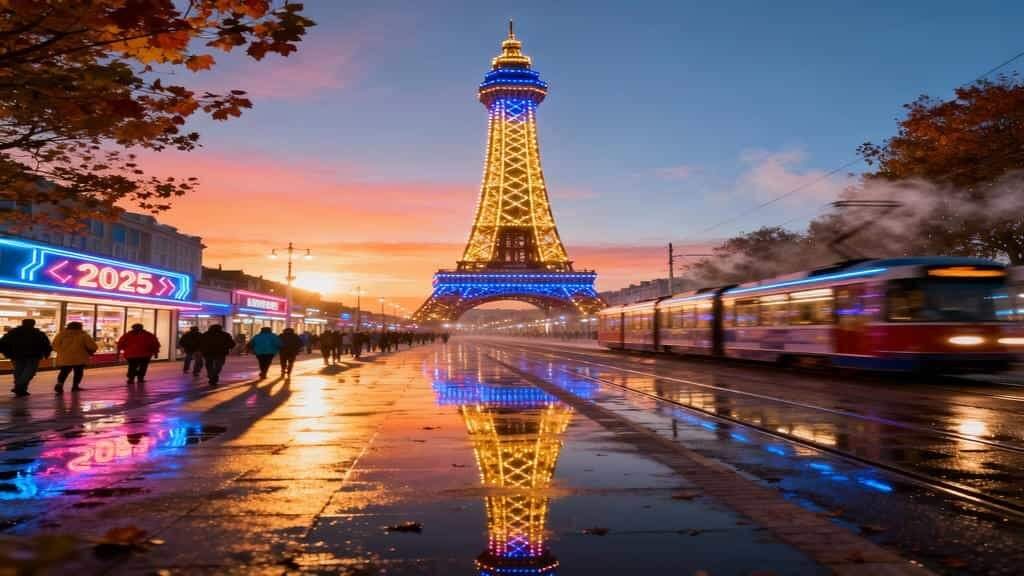 Illuminated Eiffel Tower glowing gold and blue at sunset, reflected in rain-wet pavement along a busy street with a passing tram on the right, a neon 2025 shop sign and pedestrians on the left.