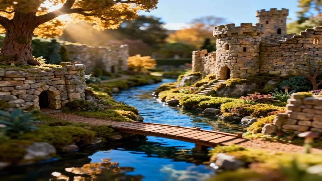 Miniature stone castle and surrounding walls beside a winding blue stream crossed by a small wooden footbridge, with moss-covered banks, tiny stone steps and a sunlit tree in the background.