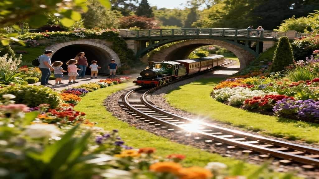 A miniature green steam train travels on curved tracks through a sunlit flower garden toward a stone-arched bridge and tunnel, while a family with children watches from a path beside colourful flower beds.