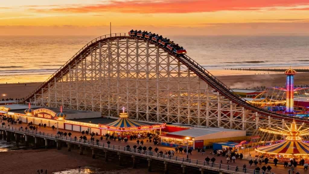 Blackpool Pleasure Beach theme park at sunset with The Big One roller coaster rising over the seafront and visitors walking along the promenade.