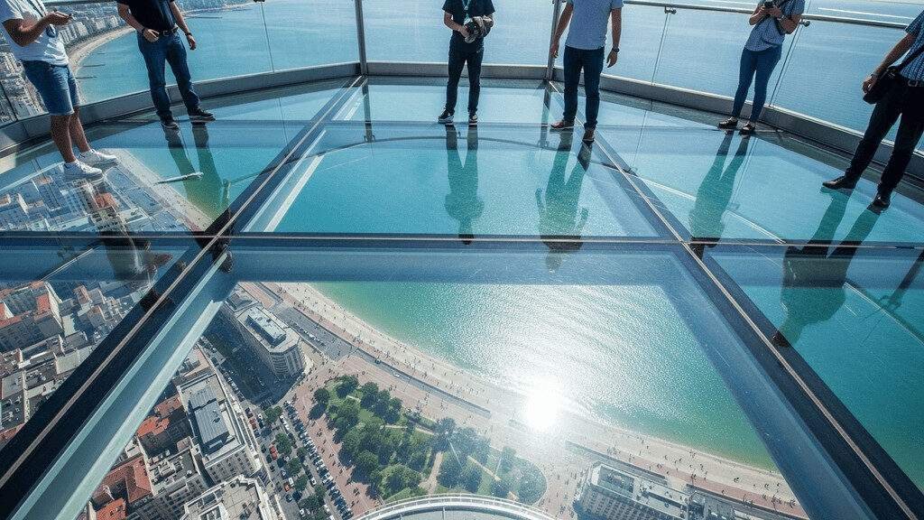 People stand on a glass‑floored observation deck high above a coastal city, their reflections visible on the panels while the beachfront, buildings and shimmering sea stretch below.