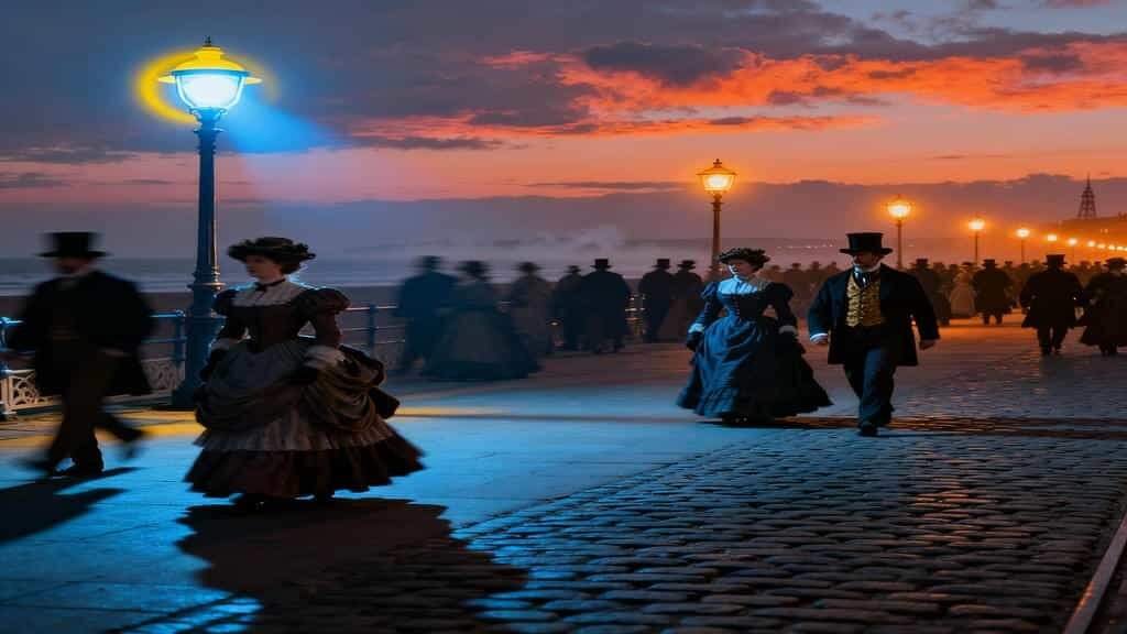 Crowded Victorian‑era seafront promenade at dusk, with gas lamps casting warm and blue light over cobbled pavement as men and women in period dresses and top hats stroll beneath an orange sunset.