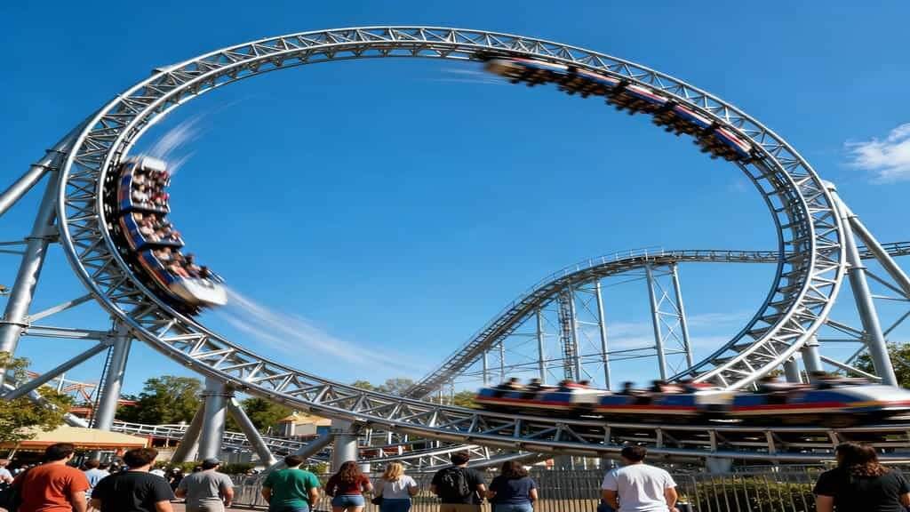 Steel roller coaster forming a large vertical loop with blurred trains of riders racing through it against a clear blue sky while a crowd watches from below