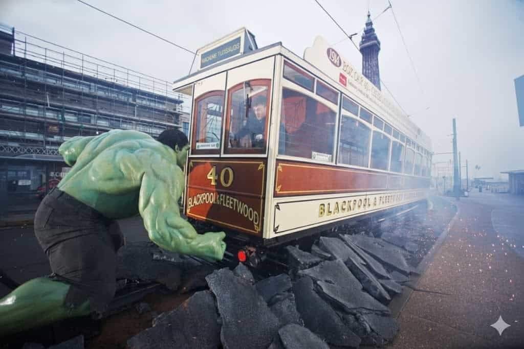 Madame Tussauds Blackpool Guide: A large green Hulk figure appears to push a vintage red-and-cream Blackpool & Fleetwood tram number 40 along cracked tram tracks, with sparks, a foggy seafront and the Blackpool Tower in the background.