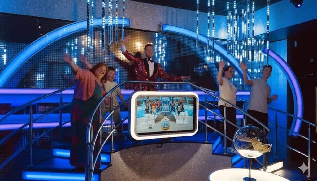 Game-show host in a red sequined jacket stands on a curved illuminated stage behind a central screen while smiling contestants on steps wave under blue neon lights and hanging vertical LEDs, a decorative glass globe trophy sits in the foreground.