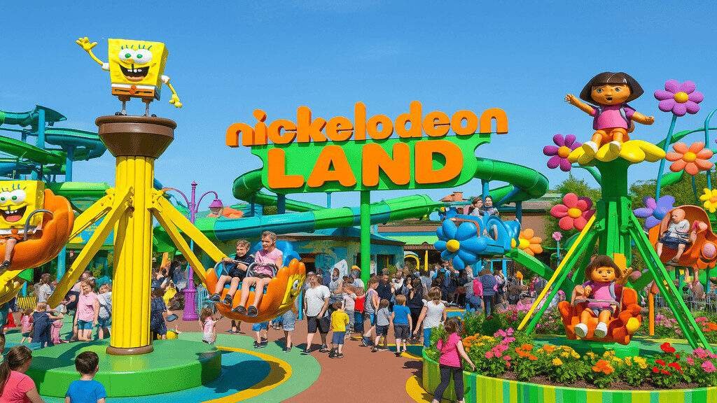Crowded Nickelodeon Land amusement area with a large orange "nickelodeon LAND" sign, SpongeBob- and Dora-themed colourful swing rides and flower-shaped decorations, children riding and families walking beneath green slides against a clear blue sky.