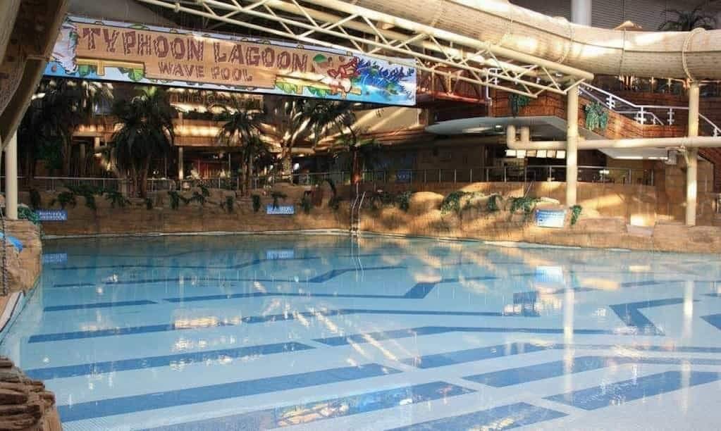 Indoor wave pool labelled Typhoon Lagoon with blue-striped water, surrounding artificial rockwork, palm trees and plants, and elevated walkways and slides beneath a lattice roof