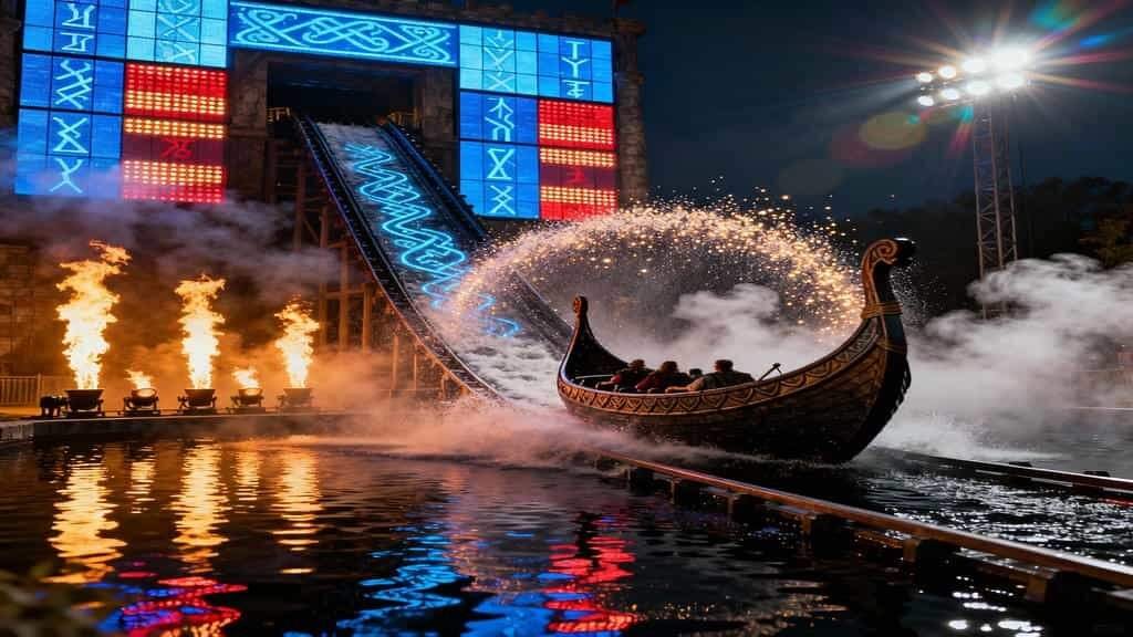 A Viking-style longship ride splashes down on a dark water track at night, passengers as silhouettes in the ornately carved boat while a glittering arc of spray, flaming jets, fog and blue-and-red illuminated panels create dramatic reflections on the water.